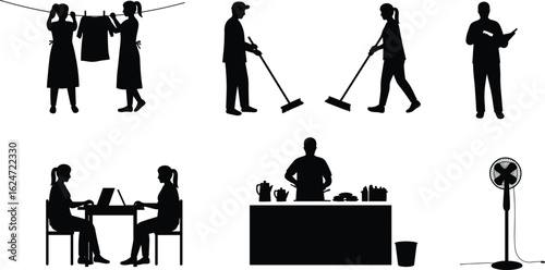 Daily household activities, family teamwork, cooking, cleaning, working at home, reading, laundry time, women chores, indoor lifestyle, silhouette vector set.