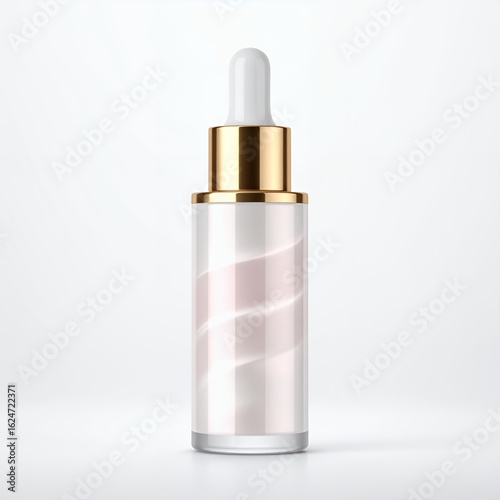 Elegant serum bottle with gold accents and soft swirl design on white background