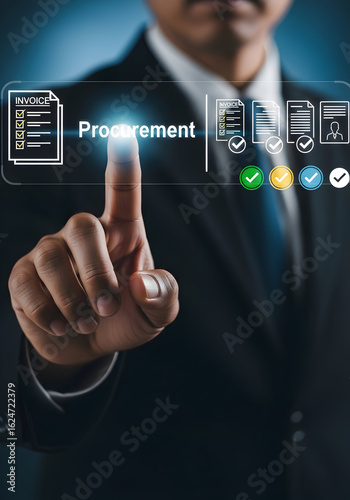 Business Professional Interacting with Digital Procurement Interface, Highlighting Modern Workflow and Digital Documentation, Stock Photo