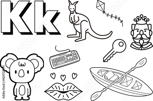 Coloring Book Educational illustration featuring words and objects starting with the letter K for kids learning resources