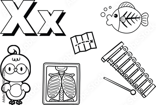 Coloring Book Whimsical black and white illustration featuring letters X, fish skeleton, map, bird, x-ray, and xylophone