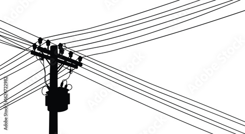 Electric utility pole with multiple power lines, silhouette vector illustration, black and white artwork, energy distribution network, urban electricity infrastructure