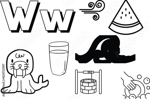 Coloring Book Collection of Whimsical Illustrations Featuring the Letter W, Watermelon, Wind, Walrus, and Washing Dishes
