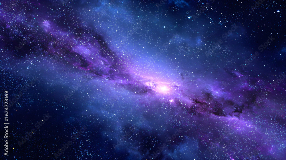 Fototapeta premium Ethereal Beauty in the Cosmos: A Stunning Blue and Purple Galaxy Illuminated with Celestial Mystique and Astounding Colors of the Deep Space Nebulae and Star Clusters