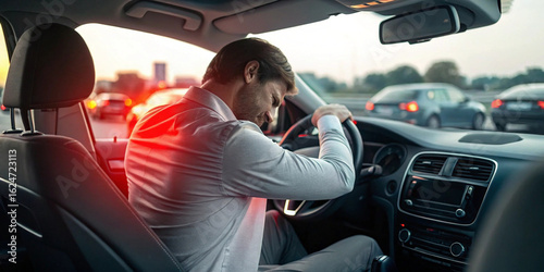Driver Sleeping in Car – Drowsy Driving Concept, Fatigue Danger, Road Safety Risk, Tired Man Behind Wheel, Exhaustion Alert, Traffic Hazard, Sleepy Commuter, Car Interior, Fatigued Driver, Risky Situa