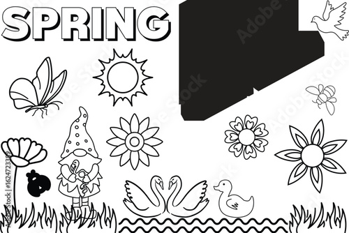 Coloring Book Delightful spring themed coloring page featuring whimsical illustrations of flowers, animals, and garden gnome