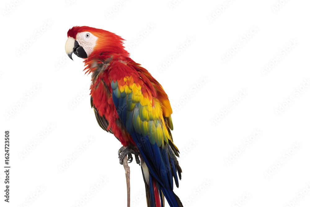 Fototapeta premium Macaw parrot with colorful feathers perched upright, high detail, clipped to clean white with no grounding