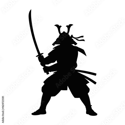 A silhouette depicts a warrior in traditional armor, holding a sword