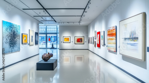 Art gallery showcasing various paintings and sculptures, featuring vibrant colors and diverse styles, creates inspiring