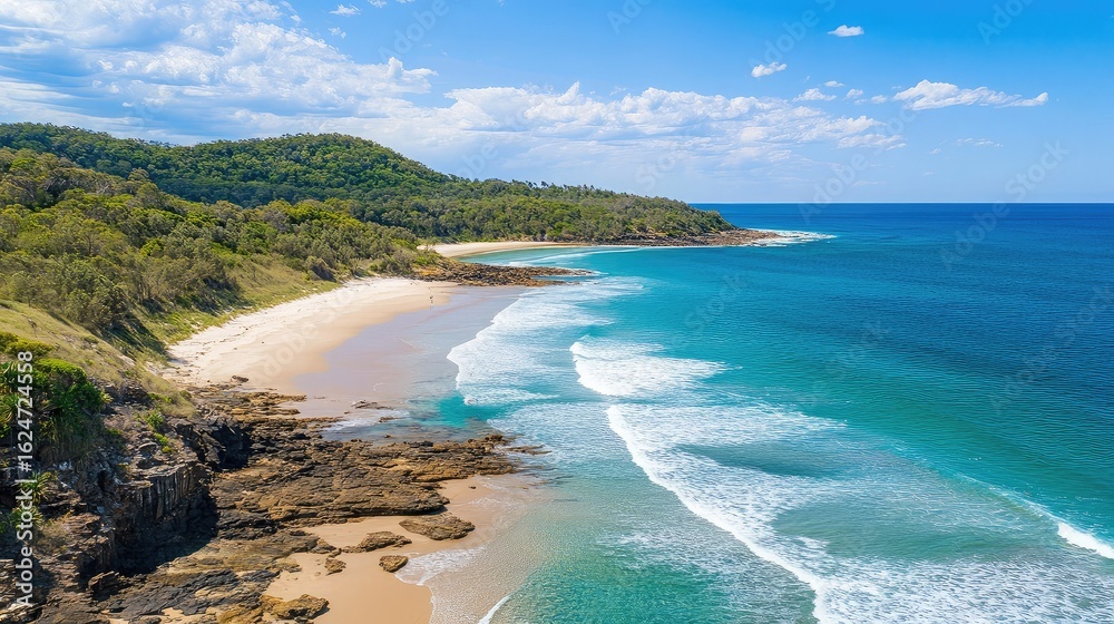 Obraz premium Aerial view of a sandy beach with turquoise water and a forested headland under a partly cloudy sky