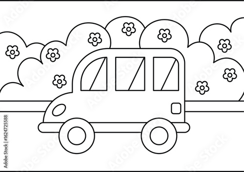 Coloring Book Line Art Car Surrounded by Flowering Bushes, a Whimsical and Simple Drawing for Children's Coloring Books