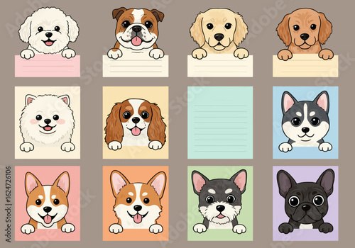 A delightful collection of adorable and charming dog breeds presented with cheerful expressions and colorful backgrounds ideal for various stationery and decorative purposes