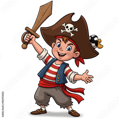 Adventurous young boy in a pirate costume celebrating a playful childhood fantasy with a toy sword.