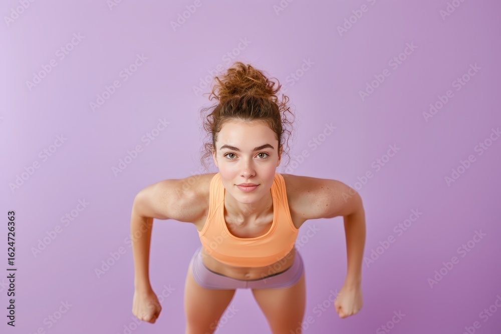 Obraz premium Fit young woman poses confidently against a vibrant purple background, showcasing her strength and determination for a healthy lifestyle and fitness journey.