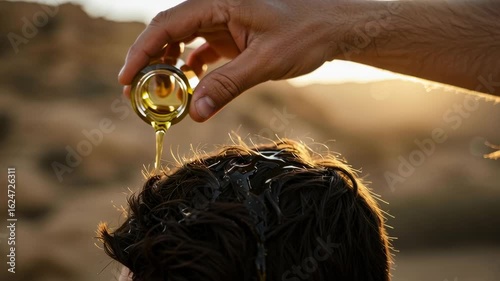 Prophet anointing a young man. Old testament biblical scene of Samuel anointing David as king. Religious ritual for worship.	