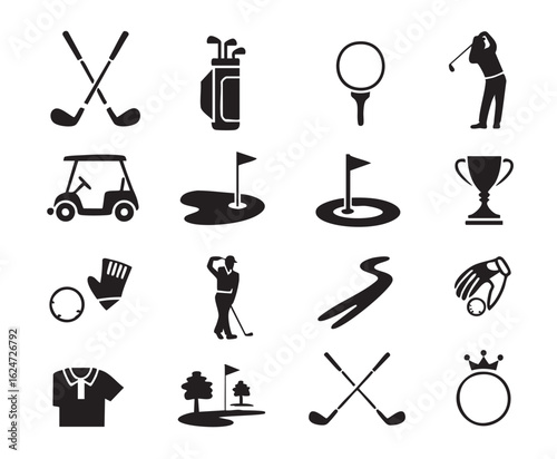 Black and white collection of golf icons and symbols on white background sport recreation
