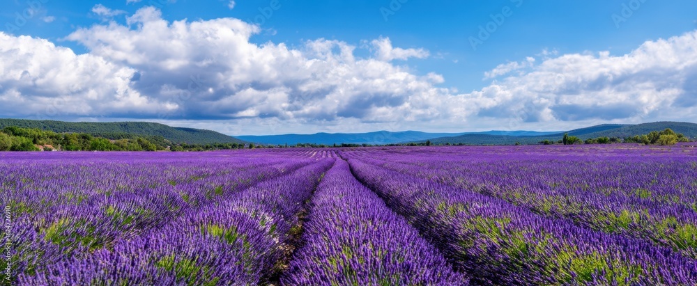 Fototapeta premium The Lavender Fields Glowing Under a Bright Blue Sky and Fluffy Clouds