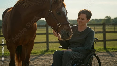 Woman in Wheelchair Gently Petting Horse on Farm — Emotional Animal Connection and Inclusion