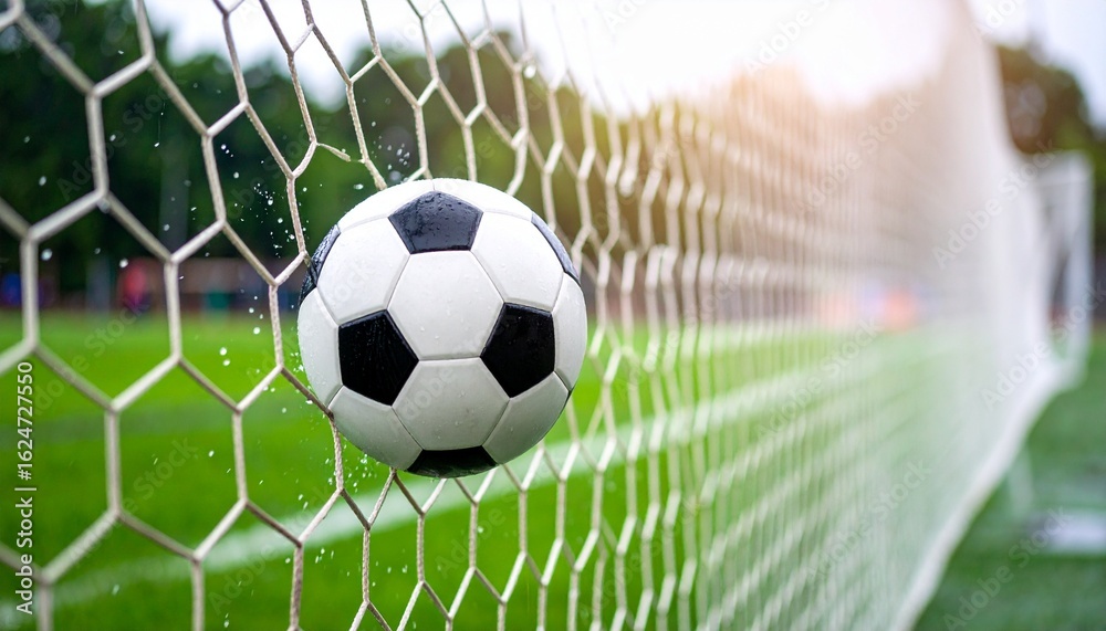 Naklejka premium A cinematic, ultra-realistic close-up of a generic soccer ball as it violently hits the back of the net 