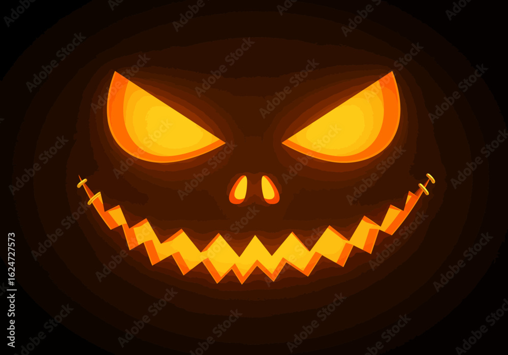 Fototapeta premium Gleaming Jack O Lantern Grinning Wide with Fiery Eyes Against a Dark Void Embodying the Spirit of Halloween Night