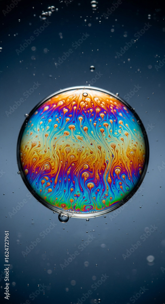 Fototapeta premium Close-up of iridescent soap bubble, showcasing vibrant rainbow colors and intricate patterns, symbolizing uniqueness, fragility, and ephemeral beauty