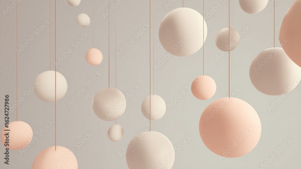 Fototapeta premium Abstract Hanging Spheres in Soft Pastel Colors on Neutral Background