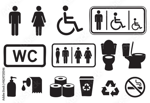 Black and white icons for bathroom facilities and amenities toilet women