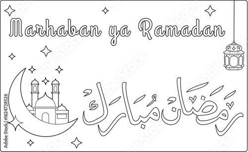 Coloring Book Marhaban ya Ramadan coloring page with mosque, crescent moon, stars and Ramadan Mubarak greeting