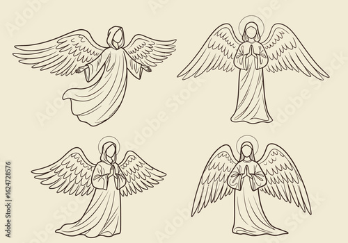 A Collection of Hand Drawn Angel Illustrations Featuring Winged Beings with Halos and Flowing Robes Holding Religious Symbols in Various Poses Against a Cream Background