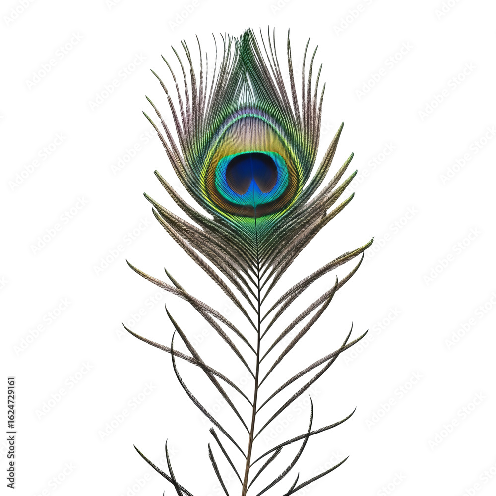 Fototapeta premium Close up peacock feather eye pattern iridescent colors vibrant detail exotic bird plumage isolated black background on transparent background