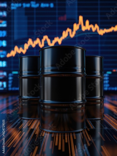 Market analysis of oil barrels on stock charts business sector digital visualization corporate environment financial insight