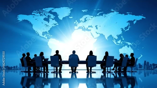 Business people in silhouette at a conference table with a world map in the background in blue tones
