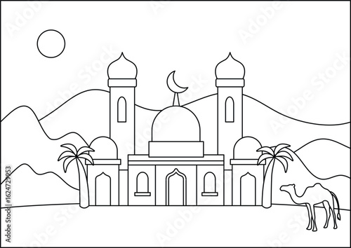 Coloring Book Illustration of a serene desert landscape featuring a mosque, palm trees, camel, and a full moon in the sky