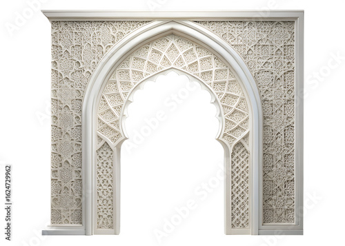 Intricate islamic archway with detailed carvings and geometric patterns isolated on transparent background, showcasing traditional architectural design