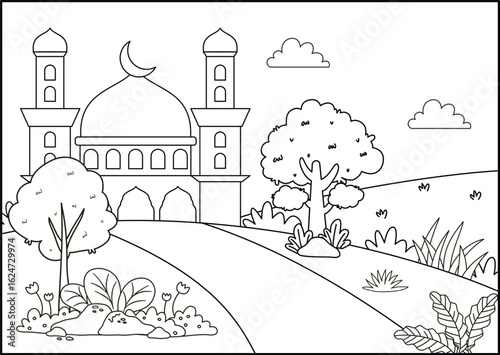 Coloring Book Serene Mosque Landscape with Crescent Moon, Lush Trees, and Rolling Hills Illustration for Coloring Page