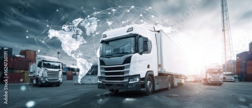 The truck navigating through a modern logistics hub with digital connectivity.