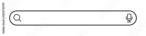 Minimalistic search bar with microphone and magnifying glass icons, isolated on white background. Modern user interface element for web, apps, and search engine design. Editable stroke