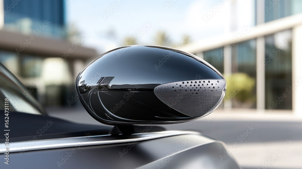 Fototapeta premium Close-up of a modern, glossy black car side-view mirror