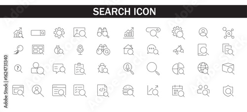 set of Search icon. Contains such Icons as zoom, find document, web search engine, analytics, magnify glass symbol, look tool, binoculars, investigate and more. Vector illustration