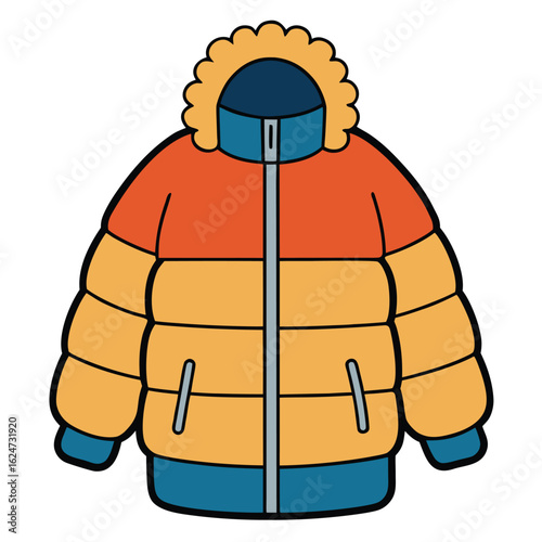 Orange yellow and blue puffer jacket with fur hood winter coat hooded jacket
