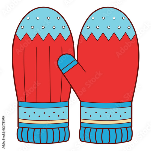 Red blue mittens with white dots and zigzag pattern winter clothing