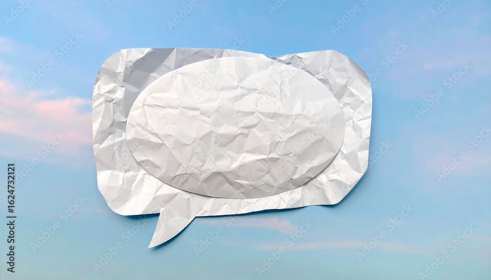 Crumpled paper speech bubble against a blue sky Crumpled paper speech bubble against a blue sky