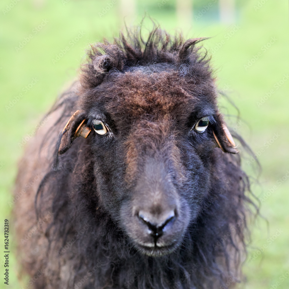 Fototapeta premium A close-up headshot of a ouessant black sheep with shaggy, messy wool. The animal looks directly into the camera with a curious expression against a blurred green pasture background.