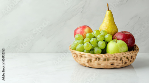 Fresh fruit basket with apples, pears, and grapes arranged beautifully, evoking sense of health and vitality