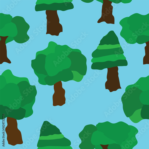 green trees on blue background seamless pattern. Simple hand painted green trees on blue background seamless pattern. Good for textile, fabric, wallpaper, backgrounds and more.