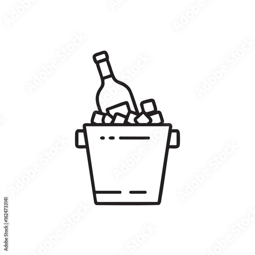 Black line art illustration of a wine bottle in an ice bucket with ice cubes beverage chilling