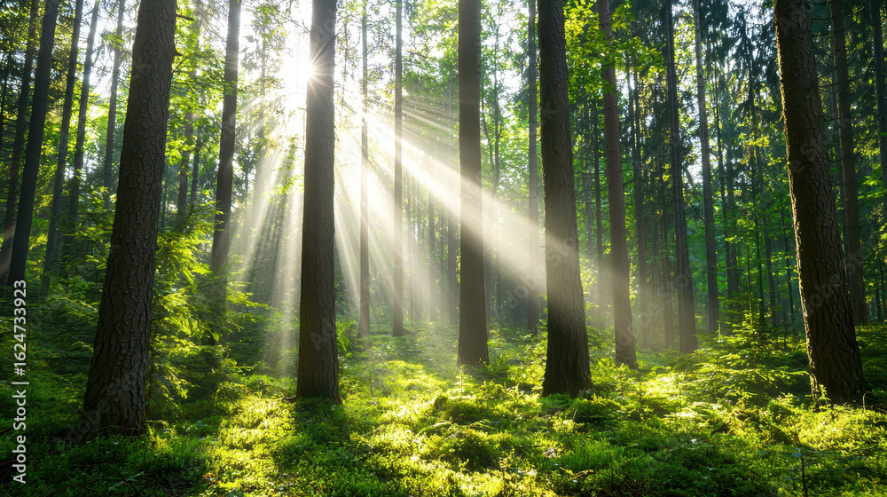 Obraz premium Sunlight beams shining through tall trees in lush green forest create serene and peaceful atmosphere