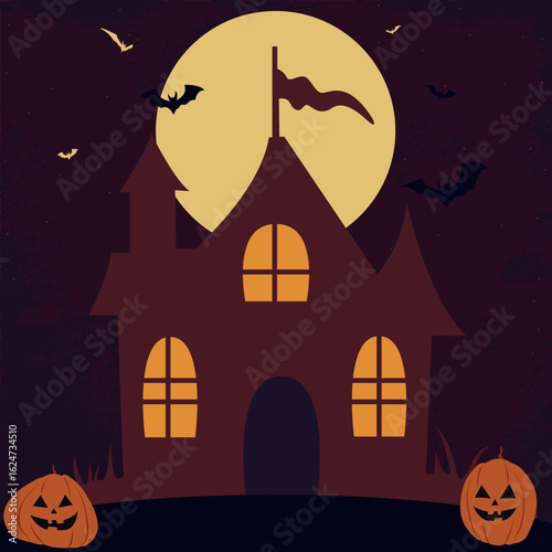 Haunted Castle with Pumpkins. Spooky castle with bats flying in the moonlight and pumpkins at the door. Great for dark fairy-tale Halloween compositions.