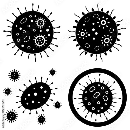 Black and white illustration of multiple virus cells with spiky projections and internal structures