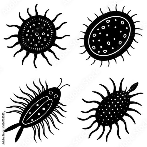 Illustration of four stylized black and white microorganisms with spiky projections and dotted patterns